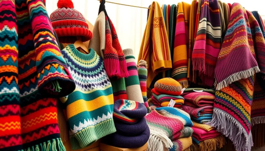 Traditional Chilote wool crafts with natural dyes at an artisanal market in Dalcahue