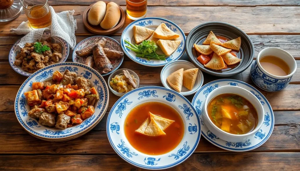 Traditional Chuvash cuisine with sharttan meat dish and puremech pastries
