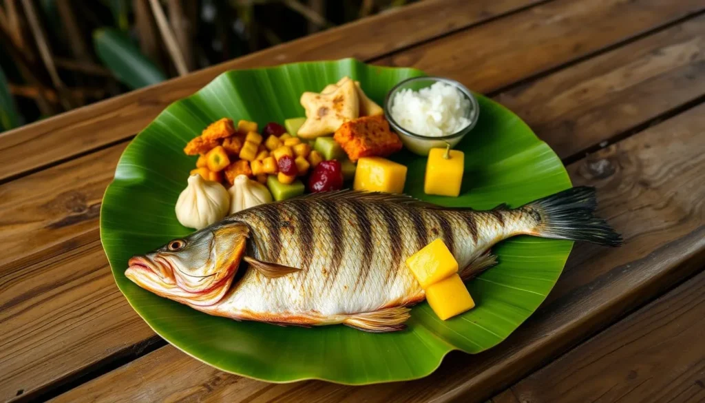 Traditional Colombian Amazon meal with fish, yuca, and tropical fruits
