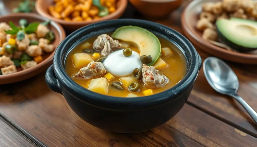 Traditional Colombian ajiaco soup served in black clay pottery from Raquira Traditional Colombian ajiaco soup served in black clay pottery from Raquira
