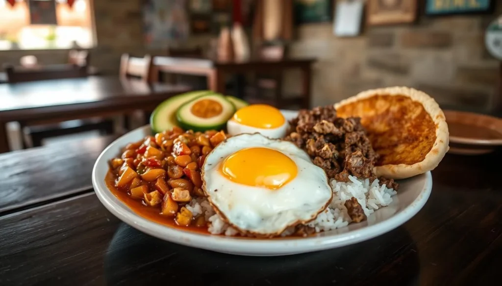 Traditional Colombian bandeja paisa dish served in a restaurant in Concordia