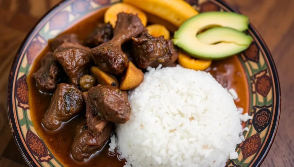 Traditional Colombian dish of chivo guisado (stewed goat) with rice, plantains, and avocado on a colorful plate