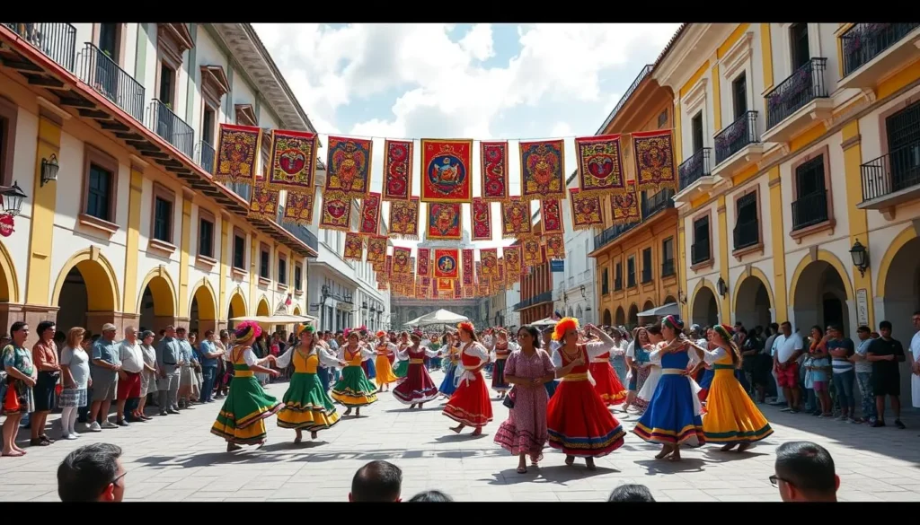 Traditional Colombian festival in Concordia with dancers in colorful costumes