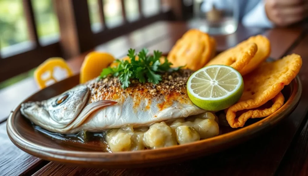 Traditional Colombian trout dish served with patacones at a restaurant in Valle de Cocora