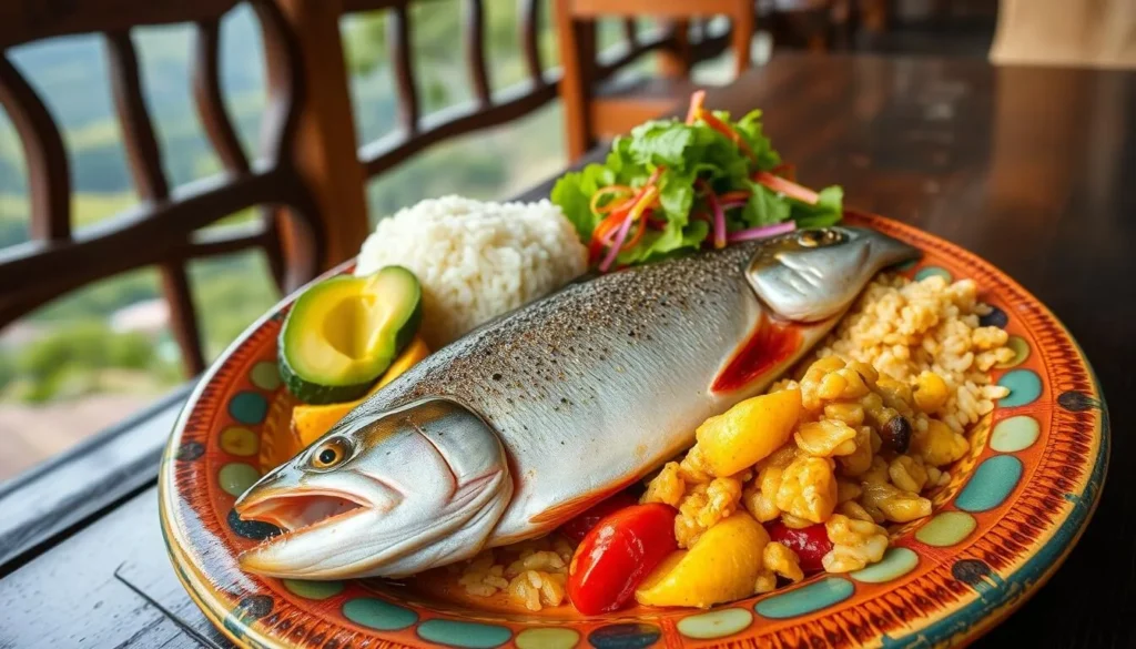 Traditional Colombian trout dish served with patacones, rice, and avocado at a restaurant overlooking Cocora Valley Traditional Colombian trout dish served with patacones, rice, and avocado at a restaurant overlooking Cocora Valley