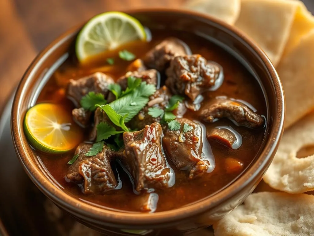 Traditional Coto Makassar beef soup served with rice cakes and lime