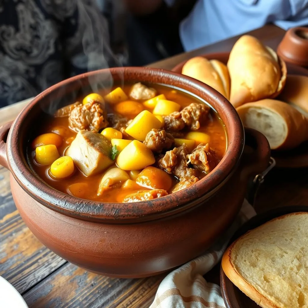 Traditional Cuban ajiaco criollo stew served in a clay pot in Cacocum