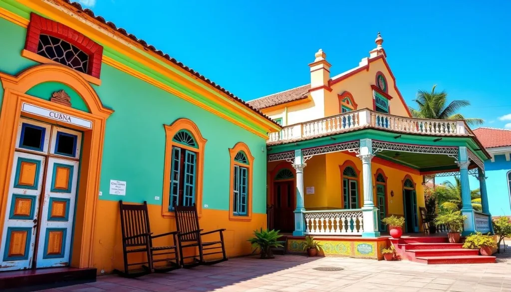 Traditional Cuban casa particular in Bauta with colorful facade and rocking chairs on the porch