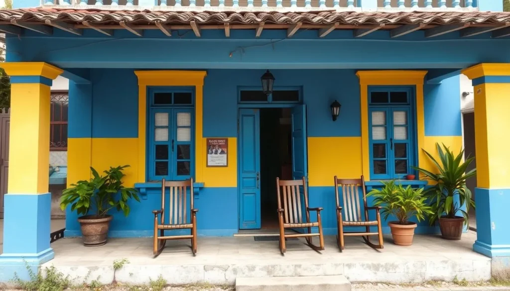 Traditional Cuban casa particular in Contramaestre with colorful facade and rocking chairs on porch Traditional Cuban casa particular in Contramaestre with colorful facade and rocking chairs on porch