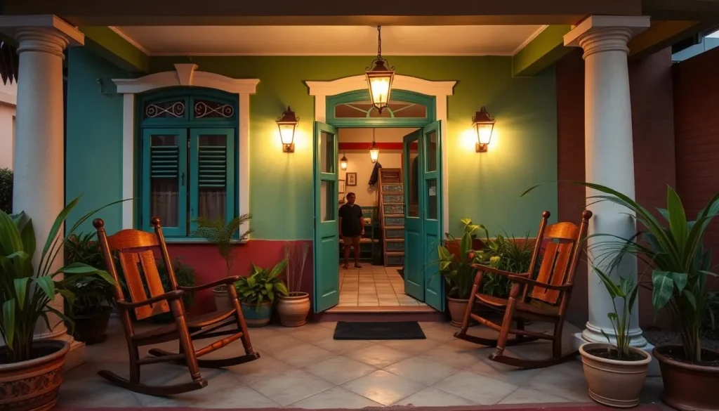 Traditional Cuban casa particular in Jiguani with colorful facade and rocking chairs on the porch