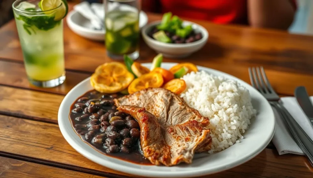 Traditional Cuban meal served at a paladar in Contramaestre with roast pork, rice, beans, and plantains Traditional Cuban meal served at a paladar in Contramaestre with roast pork, rice, beans, and plantains