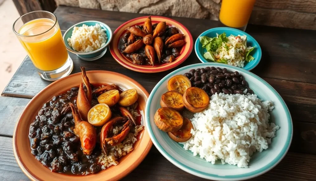Traditional Cuban meal with rice, beans, and seafood in Corralillo