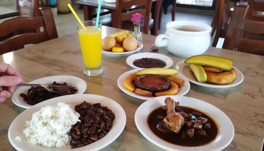 Traditional Cuban meal with rice, beans, roasted pork and tropical fruits served at a local restaurant near La Bayamesa