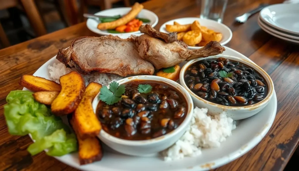Traditional Cuban meal with rice, black beans, roast pork, and plantains served in a local Jovellanos restaurant