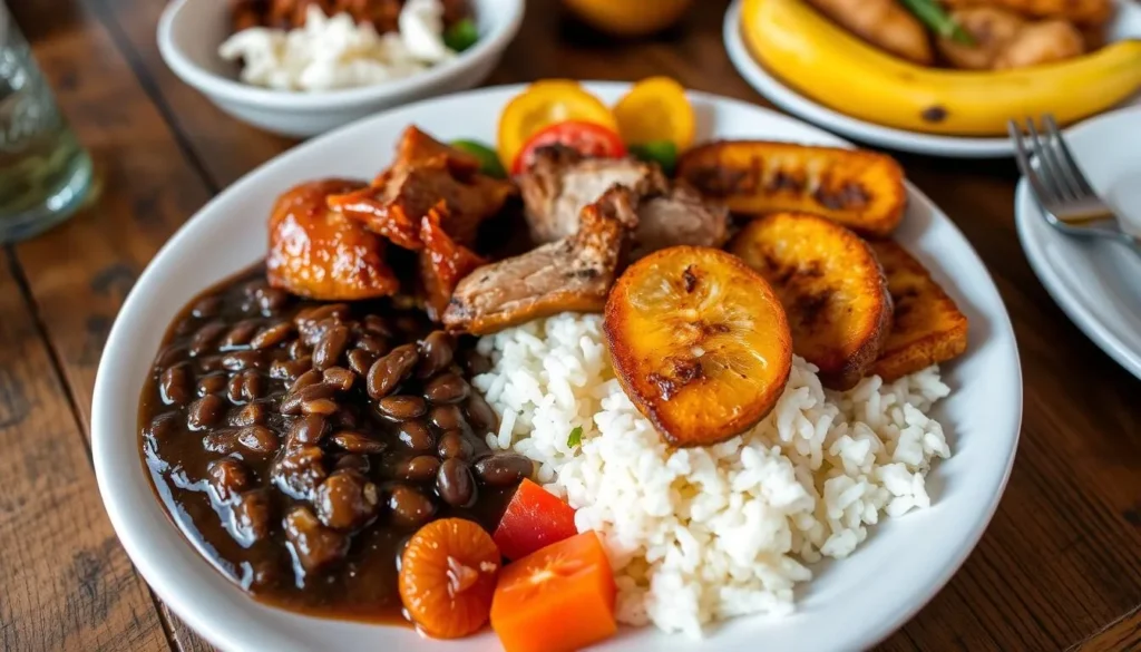 Traditional Cuban meal with rice, black beans, roasted pork, and plantains served in Bartolome Maso