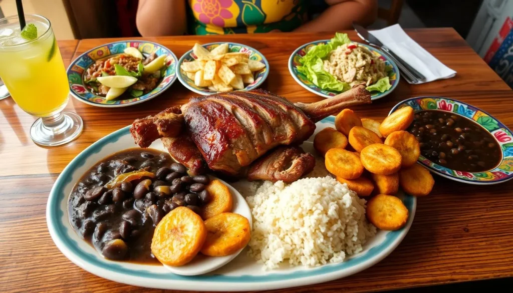 Traditional Cuban meal with roast pork (lechón), rice and beans (congri), and plantains served in Jiguani