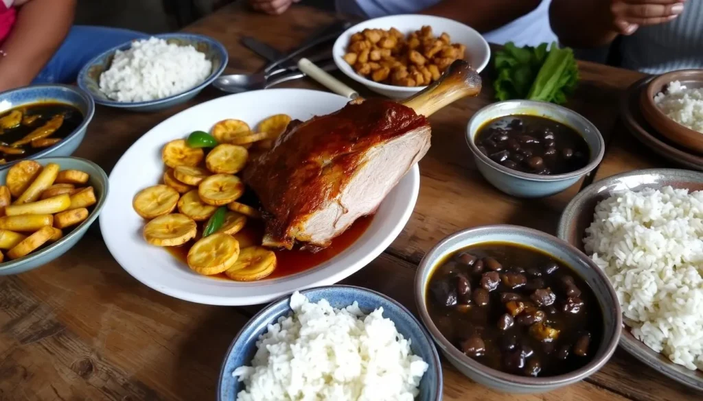 Traditional Cuban meal with roast pork, rice, beans, and plantains served in Cabaiguan