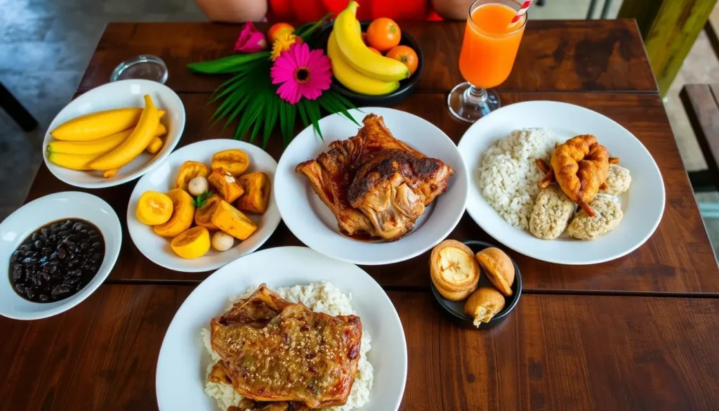 Traditional Cuban meal with roast pork, rice, beans, and tropical fruits served at a restaurant near La Mensura - Pilotos National Park