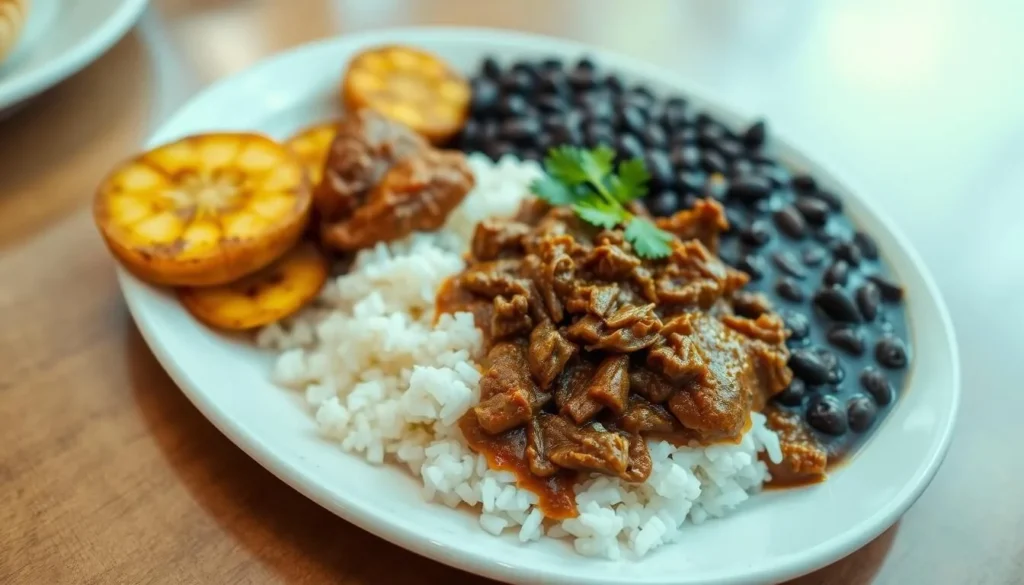 Traditional Cuban meal with ropa vieja, rice, and plantains