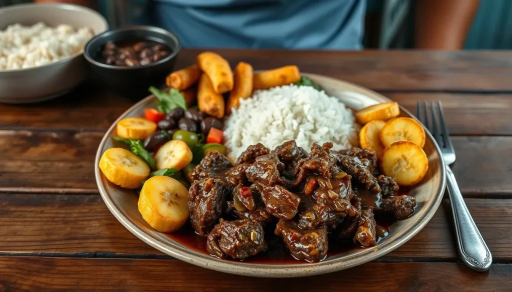 Traditional Cuban meal with ropa vieja, rice, beans, and plantains