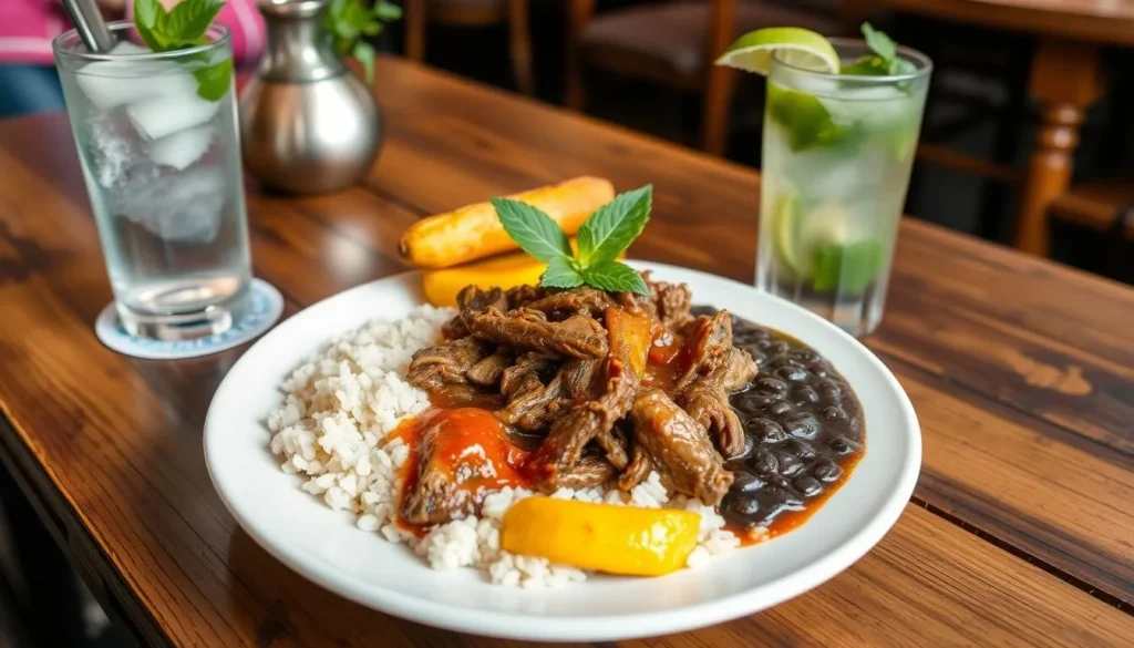 Traditional Cuban meal with ropa vieja, rice, beans and plantains - Cuba best things to do