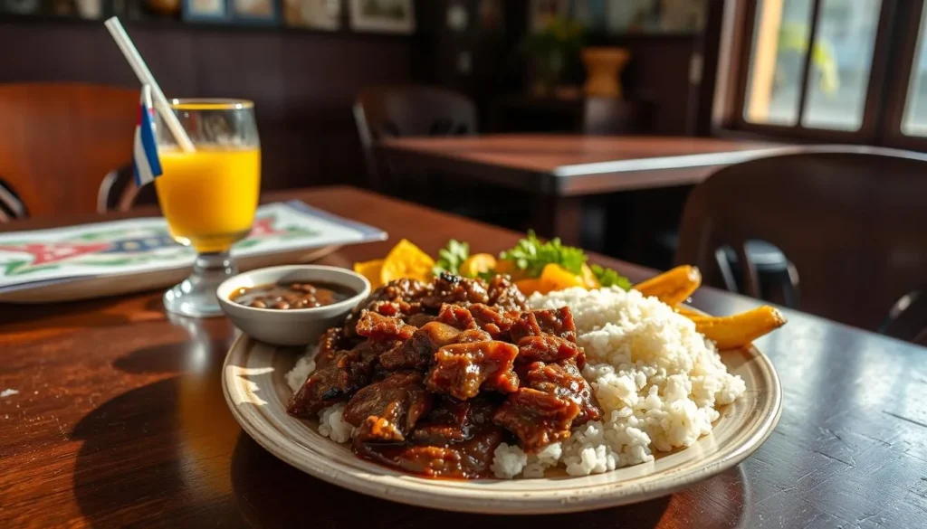 Traditional Cuban meal with ropa vieja, rice, beans, and plantains served in a local Cardenas restaurant