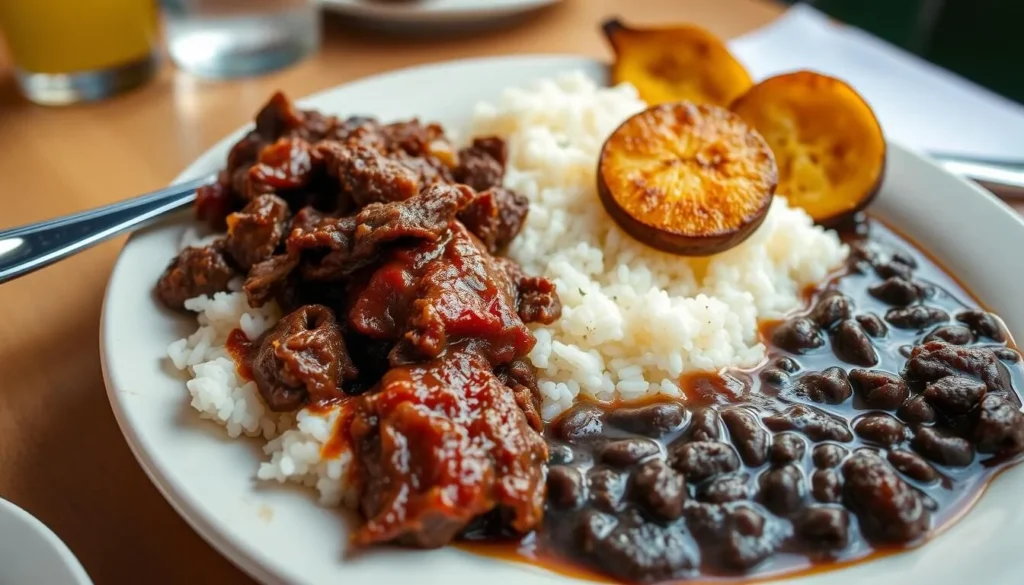 Traditional Cuban meal with ropa vieja, rice, black beans, and plantains served at a paladar restaurant in Havana