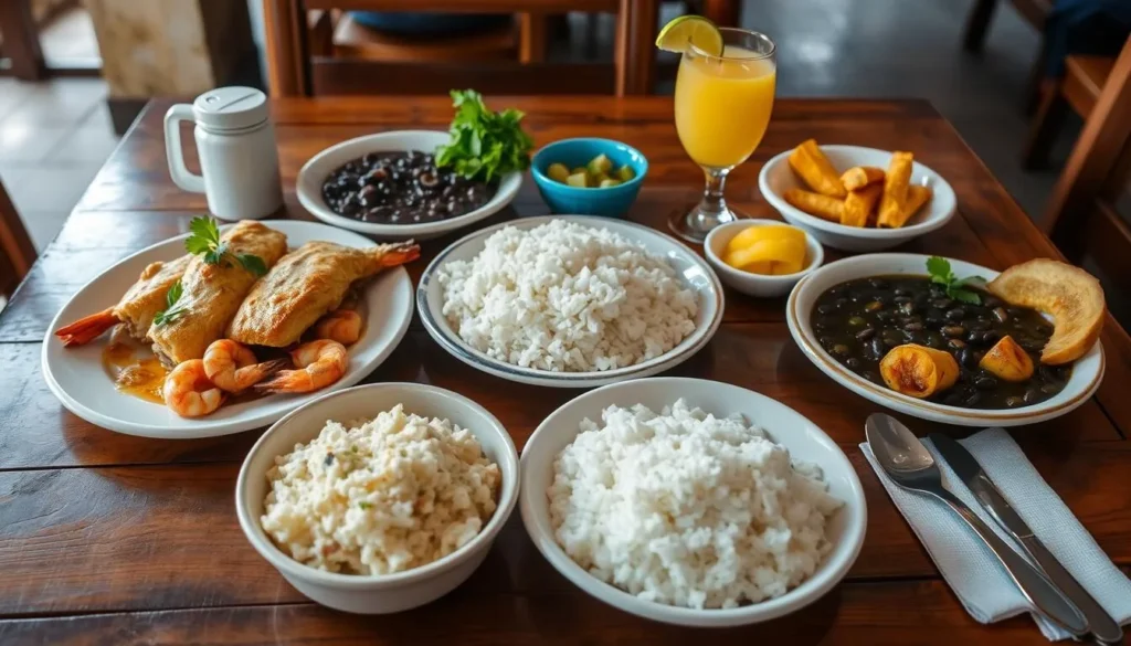 Traditional Cuban meal with seafood and coconut dishes typical of Guantanamo region