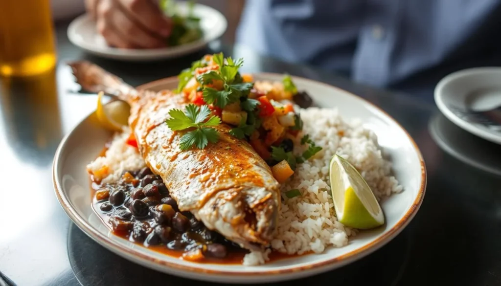 Traditional Cuban seafood dish with rice and vegetables served at a local restaurant near Caguanes