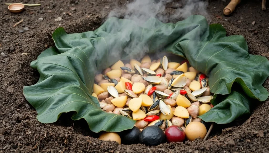 Traditional Curanto dish being prepared in a ground pit in Chiloe, Chile