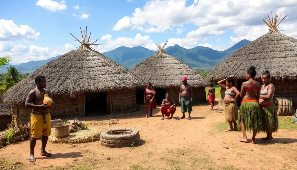 Traditional Dani tribe village in Baliem Valley with traditional houses and people in traditional dress Traditional Dani tribe village in Baliem Valley with traditional houses and people in traditional dress
