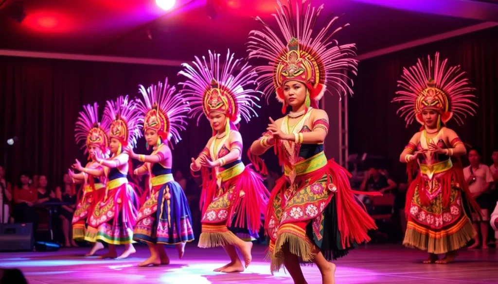 Traditional Dayak cultural performance with dancers in colorful costumes