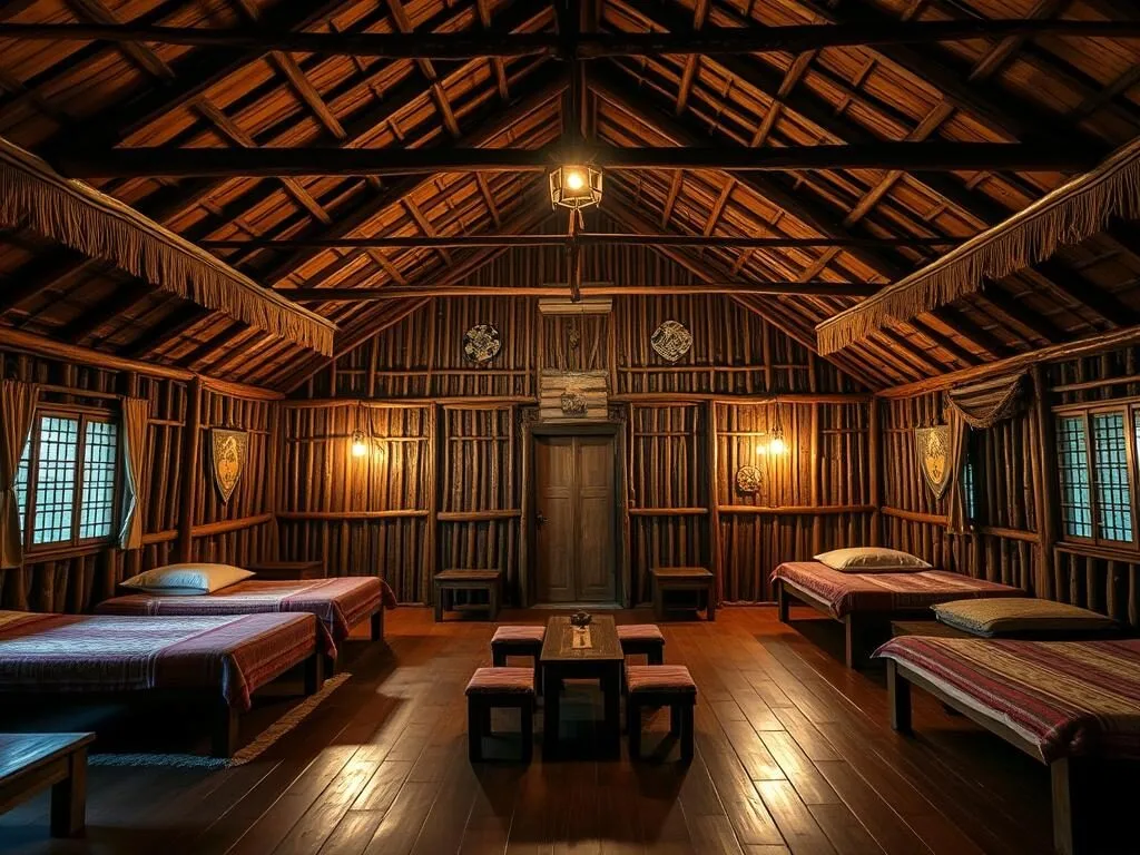 Traditional Dayak longhouse accommodation in Kayan Mentarang National Park with wooden architecture and cultural decorations