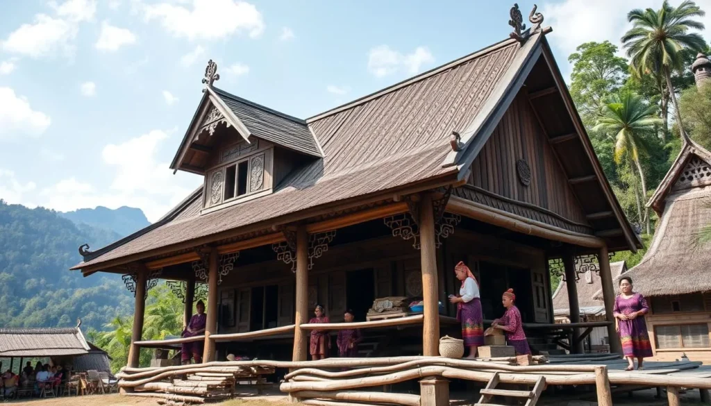 Traditional Dayak longhouse near Mount Palung National Park with local residents
