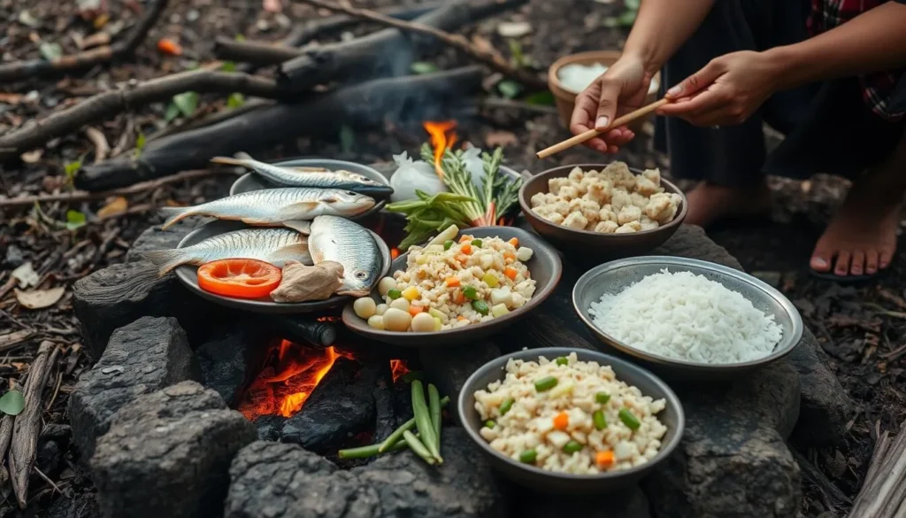 Traditional Dayak meal being prepared over campfire in Betung Kerihun National Park