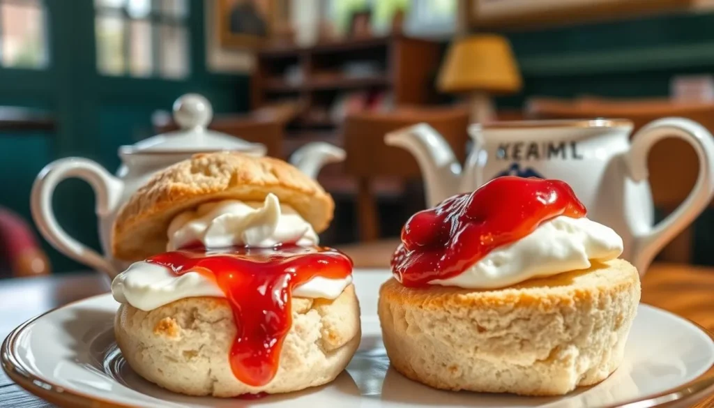 Traditional Devon cream tea with scones, clotted cream and jam in a Dartmoor tearoom Traditional Devon cream tea with scones, clotted cream and jam in a Dartmoor tearoom