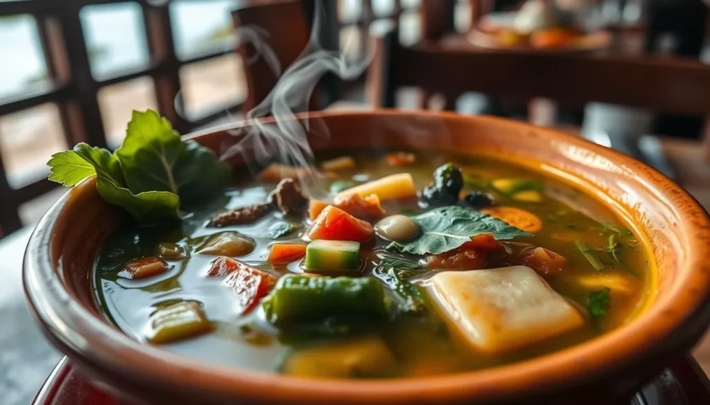 Traditional Dominican callaloo soup with fresh local ingredients served in a restaurant with ocean view