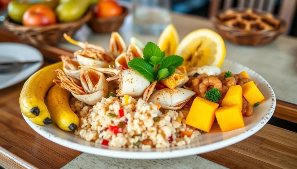 Traditional Dominican cuisine with seafood, plantains, and tropical fruits