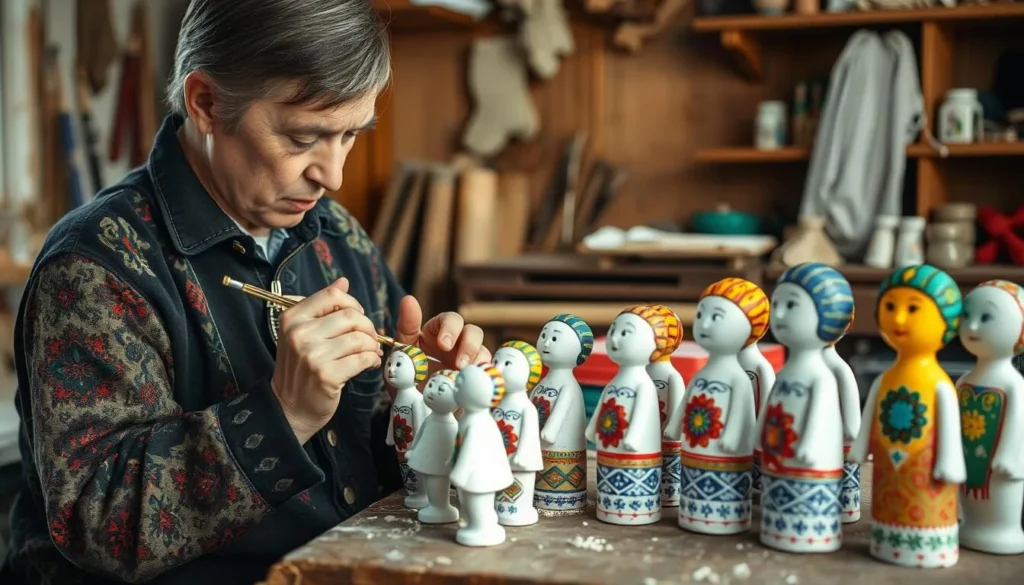 Traditional Dymkovo toy craftsperson painting colorful clay figurines in a workshop Traditional Dymkovo toy craftsperson painting colorful clay figurines in a workshop