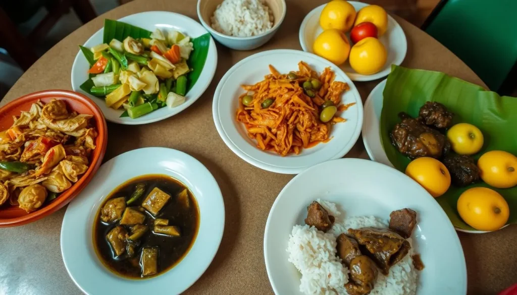 Traditional East Javanese cuisine including Pecel Madiun in Probolinggo, Indonesia