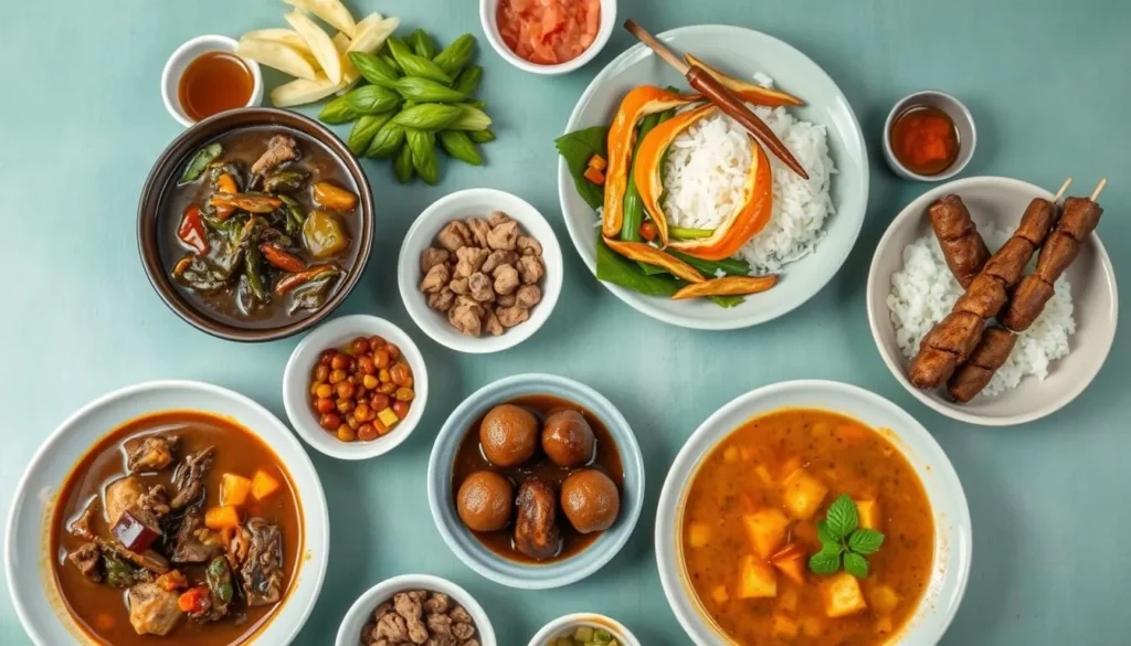 Traditional East Javanese food spread including rawon (black beef soup), pecel (vegetables with peanut sauce), and various side dishes