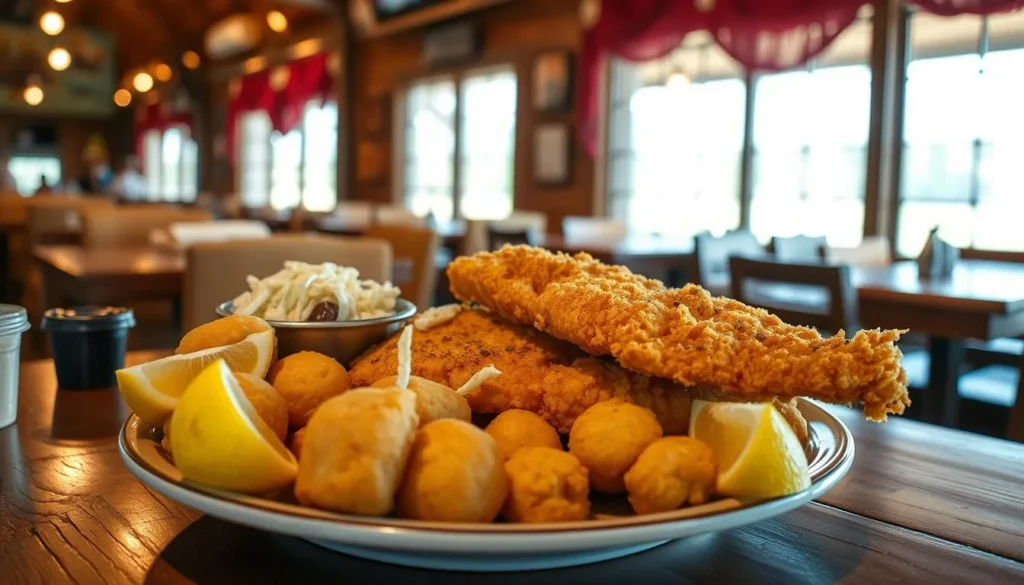 Traditional East Texas meal with fried catfish, hushpuppies, and coleslaw served at a local restaurant near Caddo Lake Traditional East Texas meal with fried catfish, hushpuppies, and coleslaw served at a local restaurant near Caddo Lake
