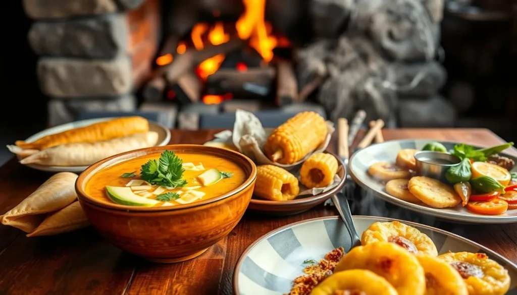 Traditional Ecuadorian cuisine featuring locro de papa soup with avocado and cheese served at a restaurant near Cotopaxi