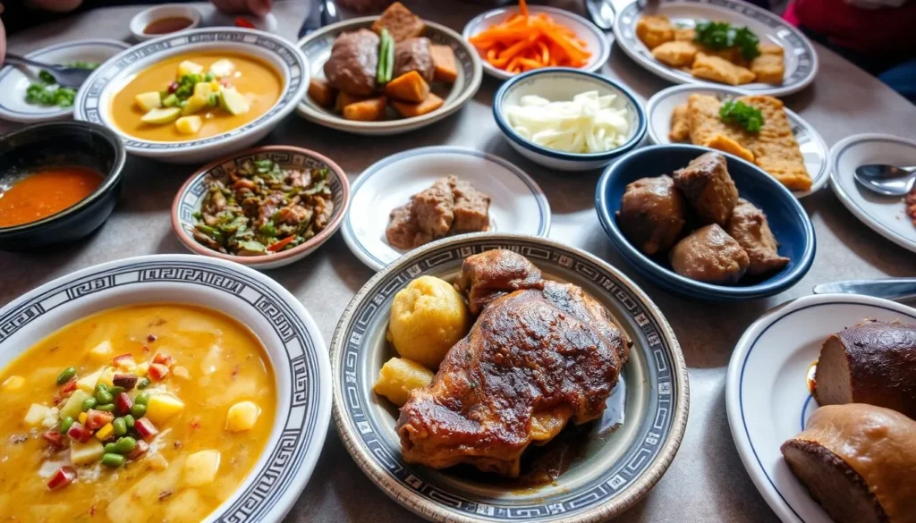 Traditional Ecuadorian highland cuisine featuring locro de papa soup and hornado Traditional Ecuadorian highland cuisine featuring locro de papa soup and hornado