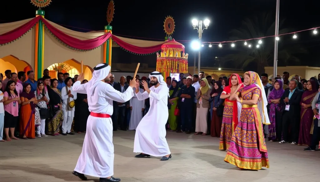 Traditional Emirati cultural performance with dancers in traditional attire at an Al Ain festival