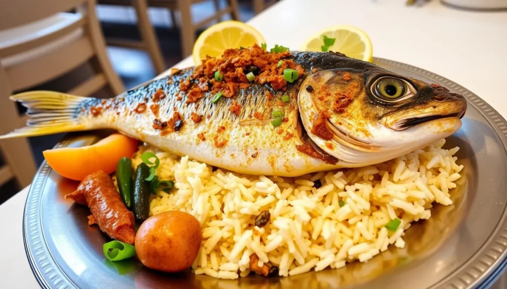 Traditional Emirati seafood dish with rice and spices served at a local restaurant in Dibba