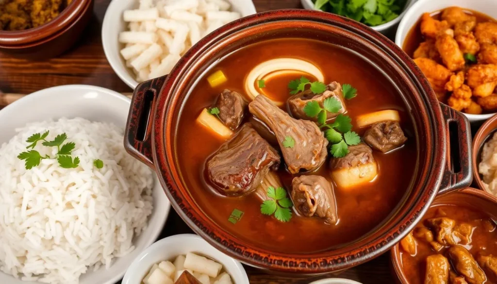 Traditional Empal Gentong beef soup served in a clay pot with rice and side dishes