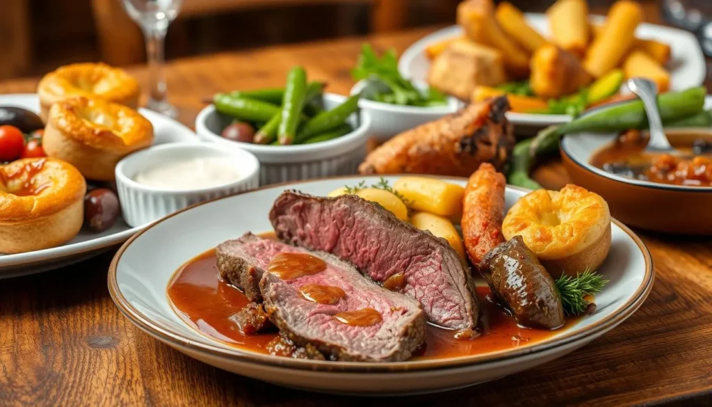 Traditional English Sunday roast dinner with Yorkshire pudding, roast beef, and vegetables Traditional English Sunday roast dinner with Yorkshire pudding, roast beef, and vegetables