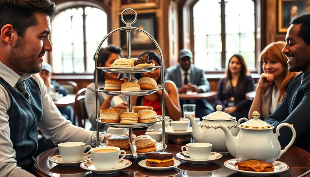 Traditional English afternoon tea being served at Fitzbillies in Cambridge