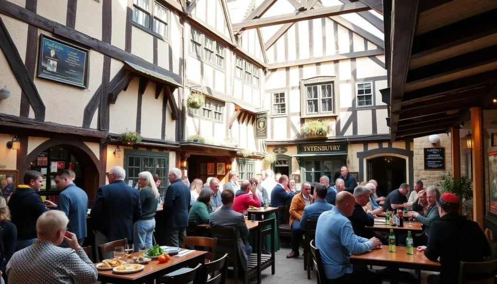 Traditional English pub in Canterbury with Tudor-style architecture serving local Kent ales and food